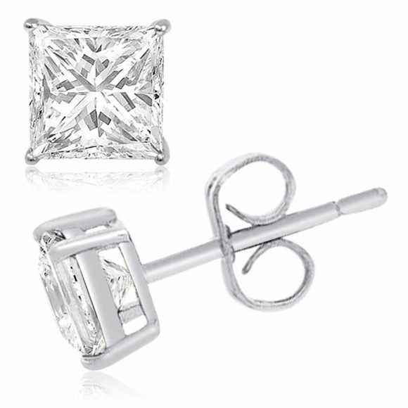 Renaissance 14k White Gold  Princess Cut CZ Studs - Picture 1 of 2